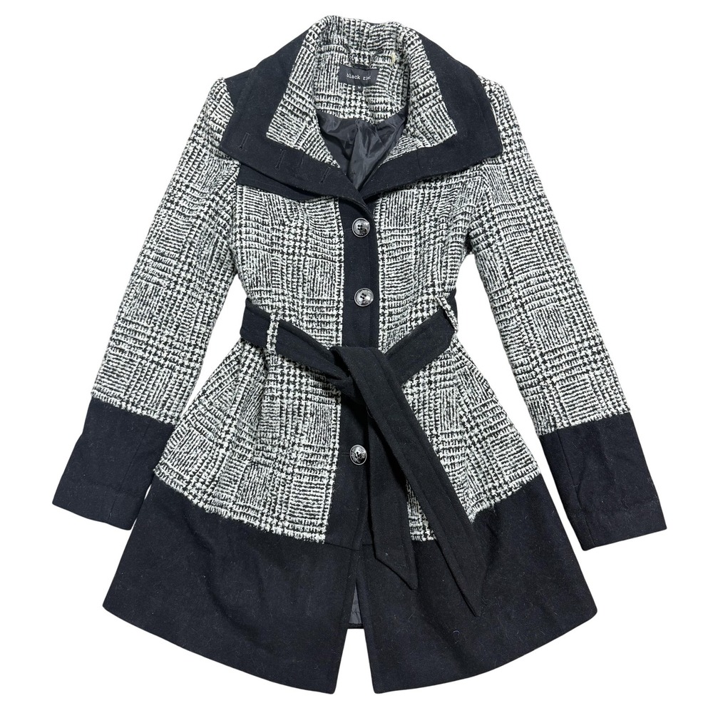 Black Rivet Coat Womens Medium Black White‎ Wool Blend Belted Peacoat Plaid